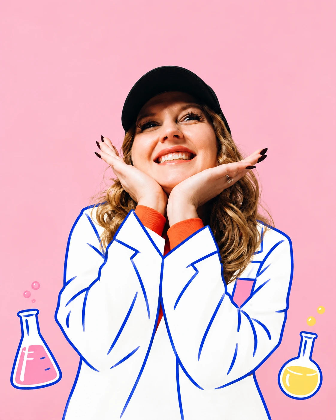 Em with an opaque white hand-drawn lab coat following her natural silhouette, with colorful illustrated beakers